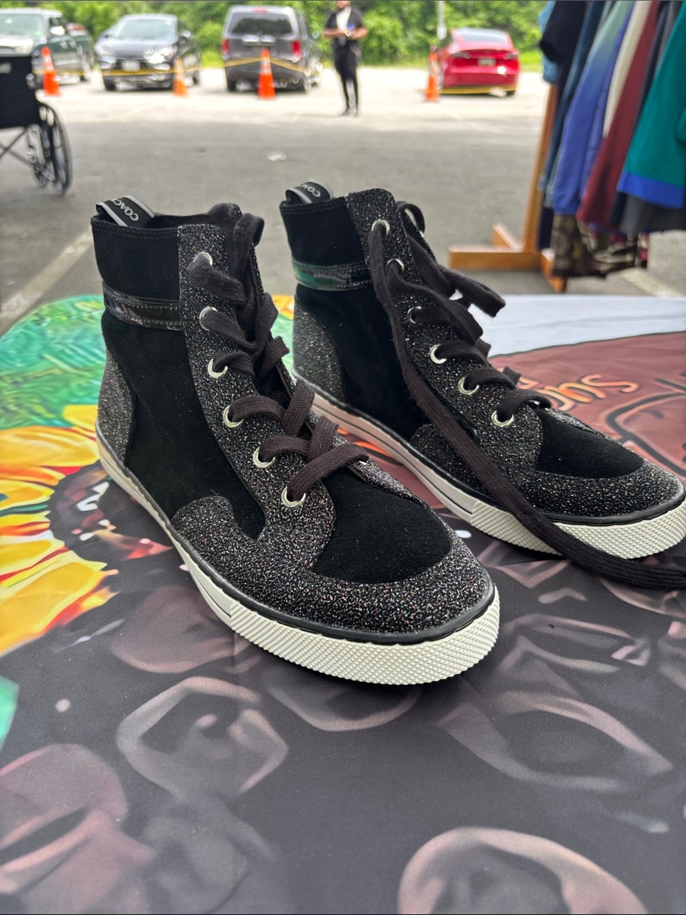 Coach Black Glitter Suede High-Top Booties